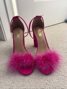 Brash Hot Pink Feathered Block Heel Sandals